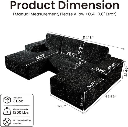 114" Glitter Cloud Sectional Couch with L-Shape Chaise & Ottoman, Modern Boneless Couches for Living Room, Fluffy Tufted Deep Seat Modular Sofa No Assembly (Black Sparkly Velvet,Left Facing)
