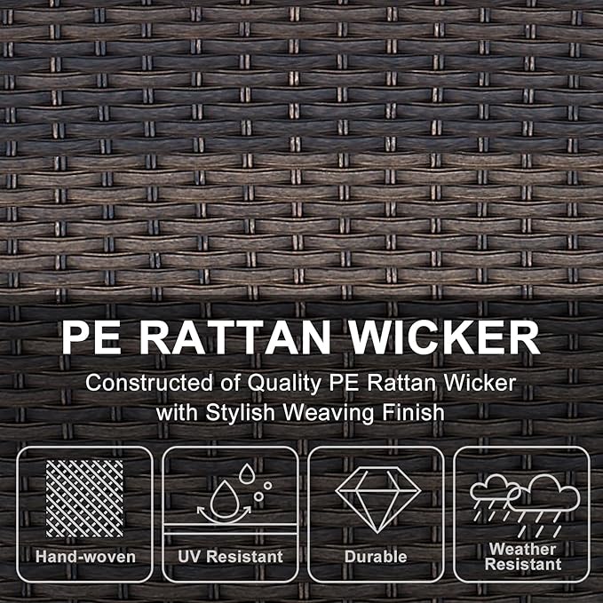 HUMMUH 3 Pieces Patio Furniture Set Outdoor Wicker Bistro Rattan Chairs with Glass Top Side Table and Thickened Cushions for Porch Deck Backyard Poolside