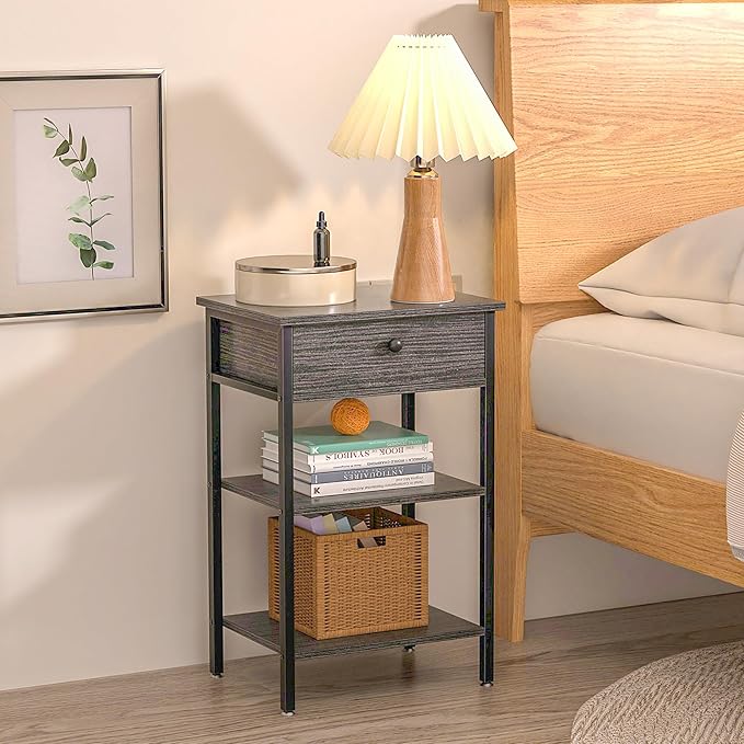 VECELO Tall End Side Table,Nightstand with Adjustable Shelf and Bin Drawer for Living Room/Bedroom/Entryway Small Spaces