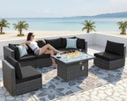 NICESOUL 7 Piece Outdoor Furniture Set with Fire Pit Table Natural Gas & Propane Convertible, 29.3'' High Back Extra Large Rattan Patio Modular Sectional Conversations, 2 Color Cushion Black & Gray