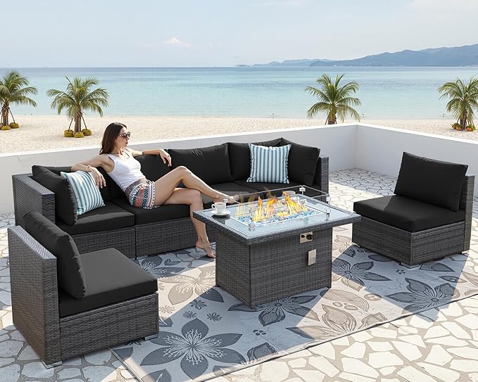 NICESOUL 7 Piece Outdoor Furniture Set with Fire Pit Table Natural Gas & Propane Convertible, 29.3'' High Back Extra Large Rattan Patio Modular Sectional Conversations, 2 Color Cushion Black & Gray