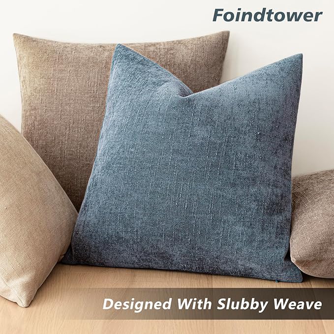 Foindtower Pack of 2 Textured Chenille Throw Decorative Pillow Covers Square Accent Solid Cushion Cover Neutral Farmhouse Lumbar Pillow Case for Couch Sofa Bedroom Living Room 12x24 Inch,Blue