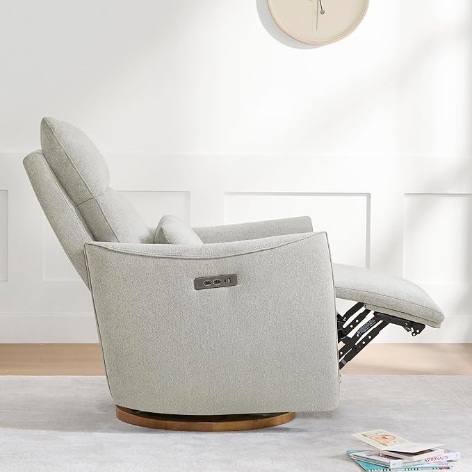 CHITA Swivel Rocker Recliner Chair, Power Nursery Glider Recliner, Nursery Rocking Chair with Adjustable Power Headrest, FSC Certified, Solid Wood Base, Crockery (Gray)