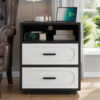 Nightstand with Charging Station, 21.7" Wide Bedside Table with 2 Storage Drawers & Open Shelf, Mid Century Modern Wood End Table for Bedroom, Living Room, Black/White