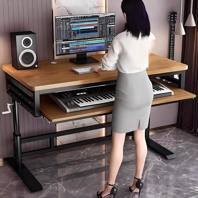 Studio Desk with Keyboard Tray | Hand-Crank Adjustable Standing Desk Workstation for Music Production, Cable Management, MIDI Keyboard Shelf (Black, 47in)