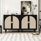 Black Rattan Cabinet-2-Doors,Sideboard Buffet Cabinet with Storage-Accent Storage Cabinet with Cane Door, Boho Wood Credenza for Living Room, Kitchen (Black Set 2)