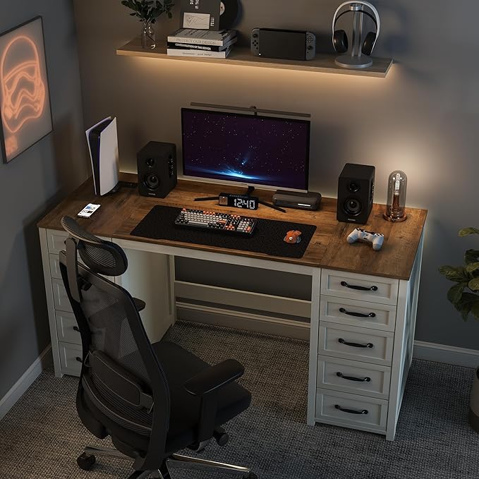 WOPITUES 60" Farmhouse Home Office Desk with 10 Wooden Drawers, Rustic Computer Writing Desk with Power Outlets, Large Executive Desk with Storage Cabinet for Work Study Writing, Rustic Brown & White