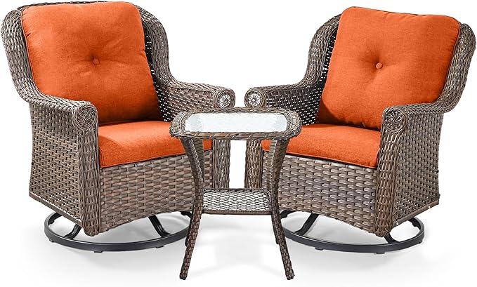 3 Piece Patio Swivel Chairs and Side Table Set - High Back Outdoor Brown Wicker Rattan Rocking Glider with Thick Cushions for Porch Apartment Deck Yard Poolside Garden - Orange