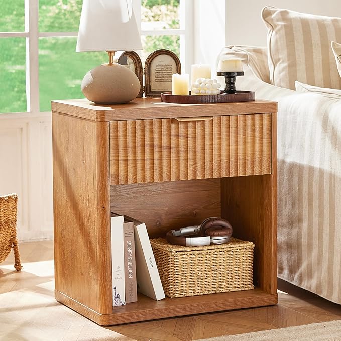LEYAOYAO Fluted Nightstand with Charging Station, 23" Wide 1 Drawers Night Stand,Brown End Table with Open Storage,Farmhouse Bed Side Tables, Wood Dresser for Bedroom, Living Room, Closet