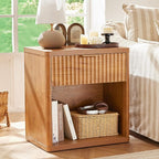 LEYAOYAO Fluted Nightstand with Charging Station, 23" Wide 1 Drawers Night Stand,Brown End Table with Open Storage,Farmhouse Bed Side Tables, Wood Dresser for Bedroom, Living Room, Closet