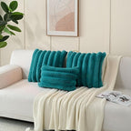 FUTEI Teal Decorative Throw Pillow Covers 26x26 Inch Set of 2, Square Soft Faux Rabbit Fur Thick Striped Euro Pillow Shams,Winter Home Decor for Couch Bed Living Room