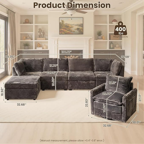 130" Modular Sofa with Swivel Chair & Ottoman, Modern Cloud Sectional Couch Plush Corduroy 5 Seater Deep Seat Sofas Set & Accent Armchair for Living Room, Gray