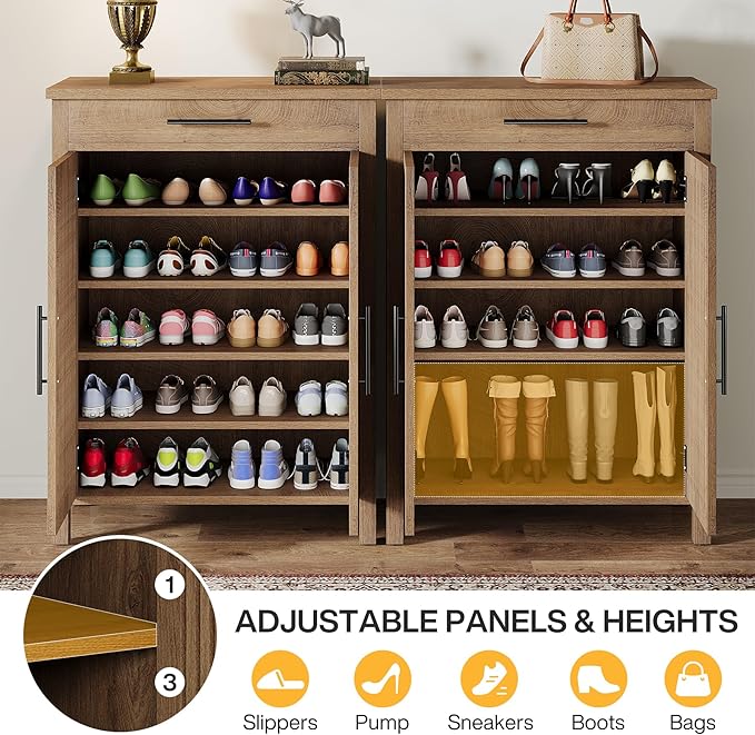 Tribesigns Shoe Cabinet, 5-Tier Shoe Storage Cabinet with Louvered Doors and Drawer, Freestanding Wooden Shoe Rack Organizer with Adjustable Shelves for Entryway, Hallway, Natural