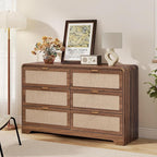 6 Drawer Dresser for Bedroom, 48" Wide Curved Wooden Dresser with Natural Linen & Metal Handle, Mid Century Modern Chest of Drawers Closet Clothes Storage Organizer for Living Room, Walnut