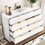 3-Piece Modern Bedroom Furniture Set, Wide 8-Drawer Dresser & 3-Drawer Nightstands Set of 2, Natural Wood Dresser and Nightstand Sets for Bedroom, Hallway, White