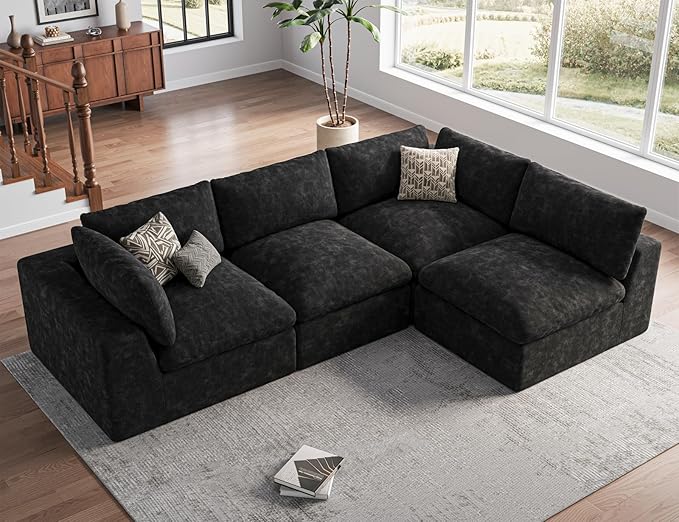 120" Cloud Sectional Couch | Oversize Boneless Couches for Living Room | 4 Seater Modern L-Shape Sofa | Black