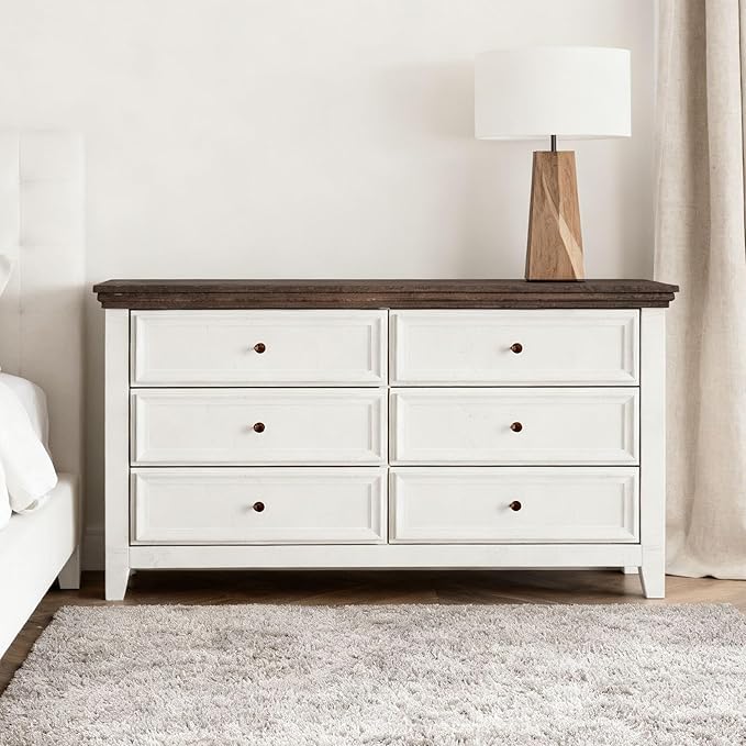 BLANKSPACE 6 Drawer Dresser, Modern Dresser for Bedroom, Wood Drawer Organizer with Metal Knobs, Large Capacity Cabinet for Bedroom, Antique White