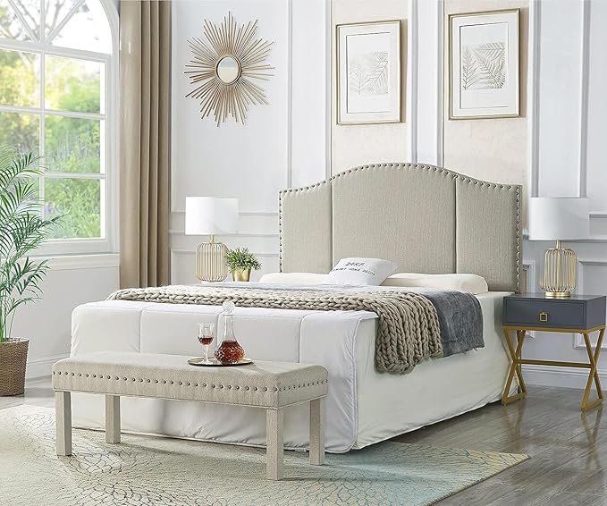 24KF Middle Century Linen Upholstered Tufted Queen Size Headboard with Antique Brass Nail Heads Trim Queen/Full headboard-Linen