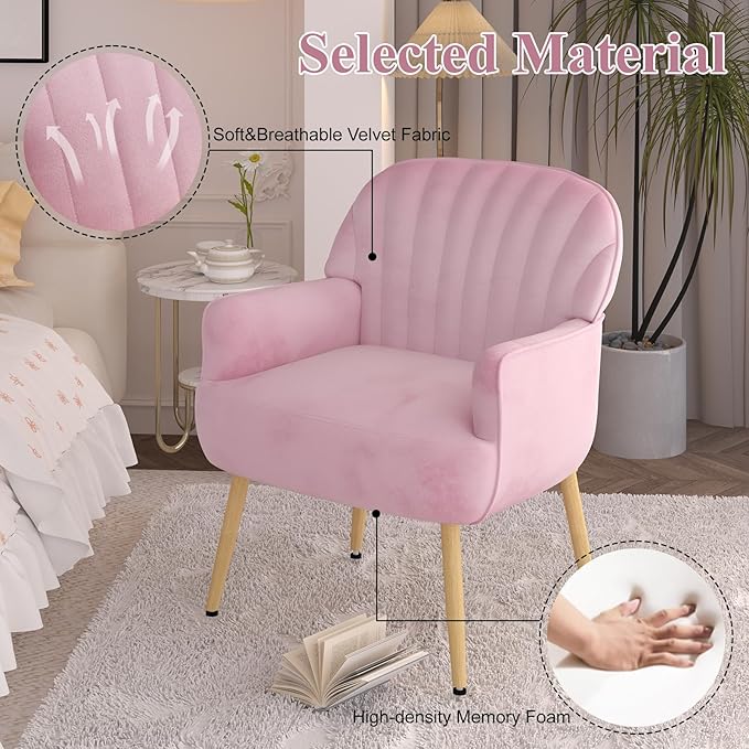Velvet Accent Chair, Upholstered Modern Leisure Single Sofa Side Chair, Comfy Tufted Back Armchair with Metal Legs for Living Room/Bedroom/Office/Reading Room, Pink