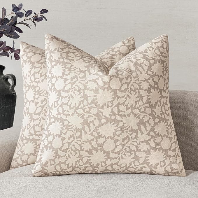 Foindtower Set of 2 Decorative Neutral Floral Throw Pillow Covers Accent Farmhouse Cushion Covers Boho Vintage Pillowcase for Couch Sofa Bedroom Living Room Home Decor,22×22 Inch,Ivory Beige