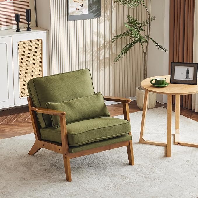 VINGLI Solid Wood Wide Armrests Accent Chair,Upholstered Mid Century Modern Chair with Pillow,Comfy Reading Chair Farmhouse Arm Chair,Chairs Living Room,Bedroom,Guest Room,Linen Fabric,Dark Green
