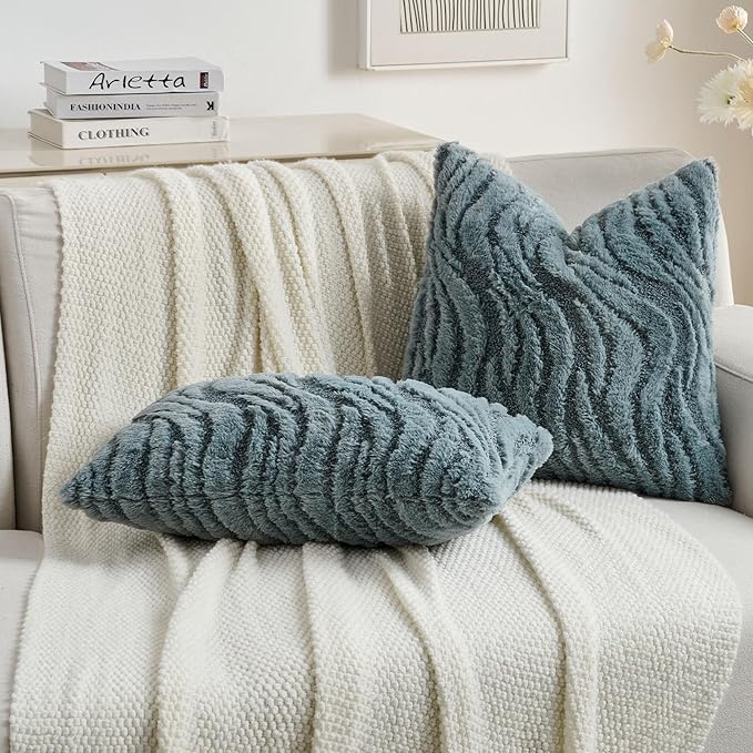 FUTEI Blue Decorative Throw Pillow Covers 16x16 Inch Set of 2,Soft Faux Fur Geometric Shapes Texture Cushion Case,Boho Home Decor for Couch Bed Living Room