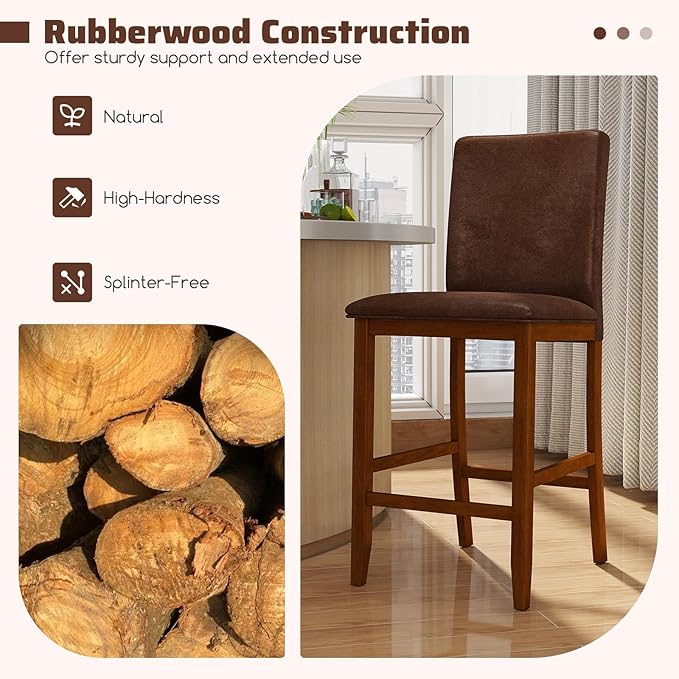 COSTWAY Counter Barstools Set of 2, 26 Inch Counter Height Stools with Upholstered Seat & Backrest, Armless High-Top Chairs with Rubberwood Legs for Kitchen Island, Dining Room, Pub