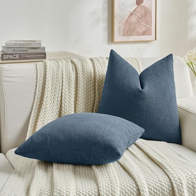 FUTEI Navy Blue Decorative Throw Pillow Covers 20x20 Inch Set of 2,Soft Cozy Wheat Ear Striped Patterns Cushion Cases,Modern Home Decor for Couch Bed Living Room