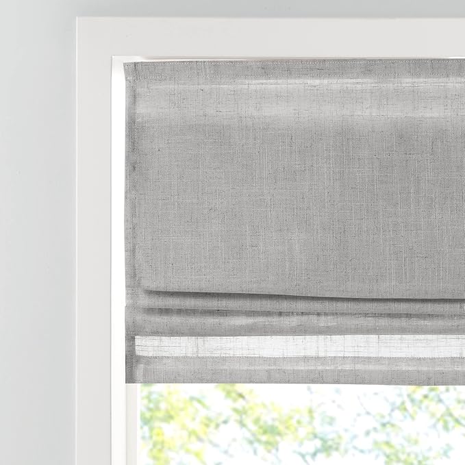 Madison Park Kyler Cordless Roman Shades - Single Panel, Lightweight Linen Blend Fabric, Natural Design, Easy Installation, Light Filtering Window Blind, Bedroom, Living Room Decor 29" W x 64" H Grey