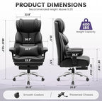 Office Desk Chair, Big and Tall Leather Gaming Chair with Footrest, Wide Ergonomic Comfy Executive High-Back Reclining Computer Chairs, Swivel Rolling Wheels and Lumbar Support, Matte Black