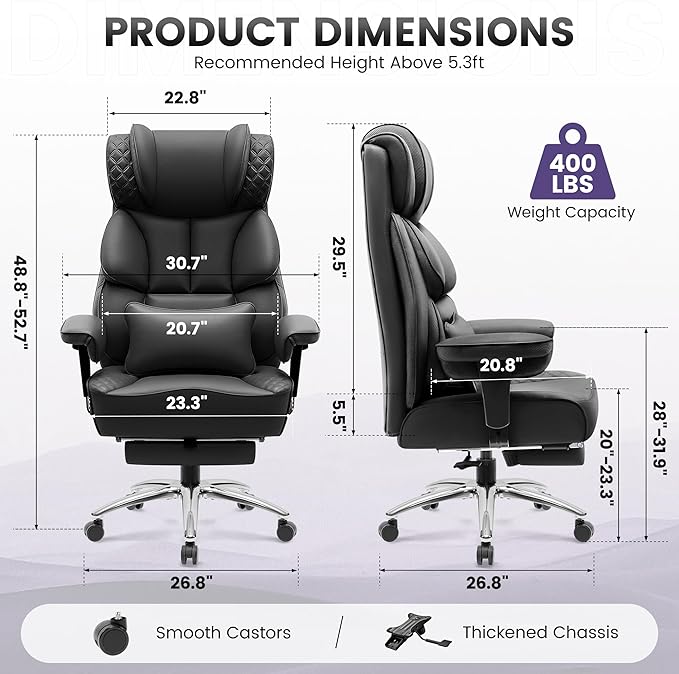 Office Desk Chair, Big and Tall Leather Gaming Chair with Footrest, Wide Ergonomic Comfy Executive High-Back Reclining Computer Chairs, Swivel Rolling Wheels and Lumbar Support, Matte Black