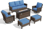 HERA'S HOUSE Wicker Patio Furniture Set, High Back Swivel Chairs with 5.5-Inch Thick Cushions, 6-Piece Outdoor Deep Seating Conversation Sets with Fire Pit Table & Ottomans for Deck Yard Garden, Blue