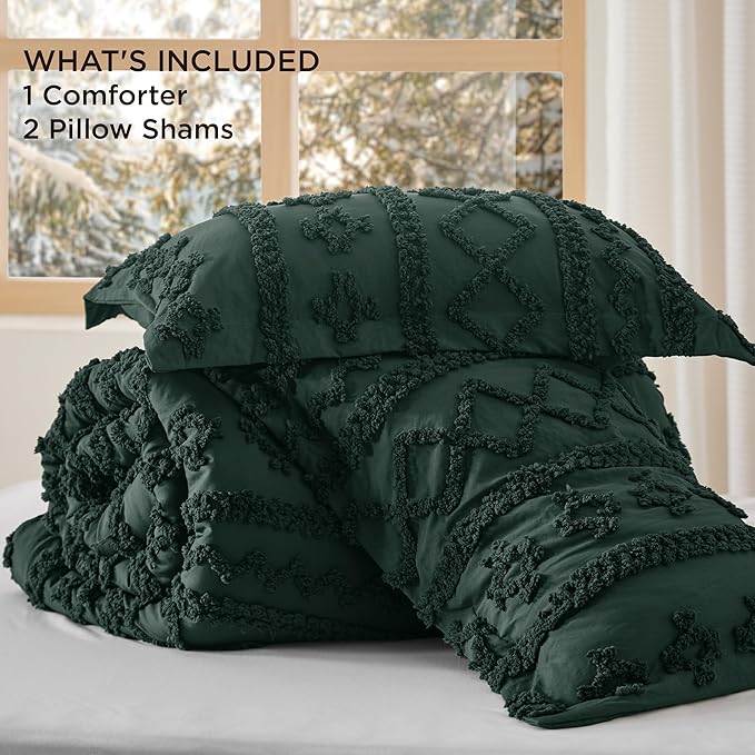Bedsure Tufted Boho Comforter Set Queen Size - Dark Green Boho Bed Set, GentleSoft™ 3 Pieces Farmhouse Shabby Chic Embroidery Bedding, Gifts for Woman, Soft Jacquard Queen Comforter for All Seasons