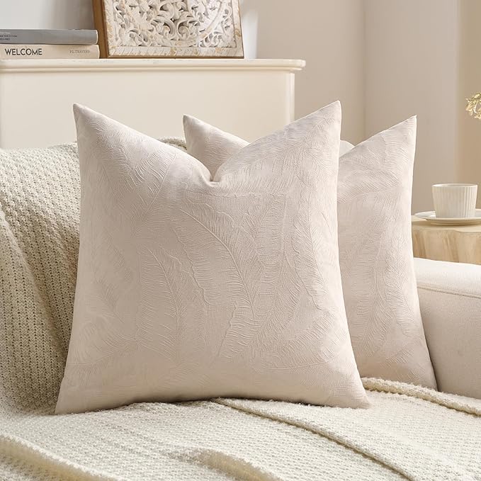 FUTEI Beige Velvet Throw Pillow Covers 20x20 Inch Set of 2,Soft Embossed Leaf-Relief Textured Cushion Cases,Natural Home Decor for Couch Living Room