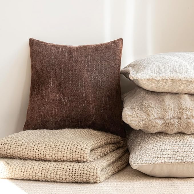 Foindtower Pack of 2 Soft Textured Chenille Throw Decorative Pillow Covers Square Accent Solid Cushion Cover Cozy Neutral Farmhouse Pillow Case for Couch Sofa Bedroom Living Room 24x24 Inch,Red Brown