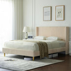 PINJU Queen Size Bed Frame, Upholstered Platform Bed with Modern Vertical Striped Wingback Headboard with Wooden Slats, Easy to Assemble No Noise Free (Beige, Queen (U.S. Standard))