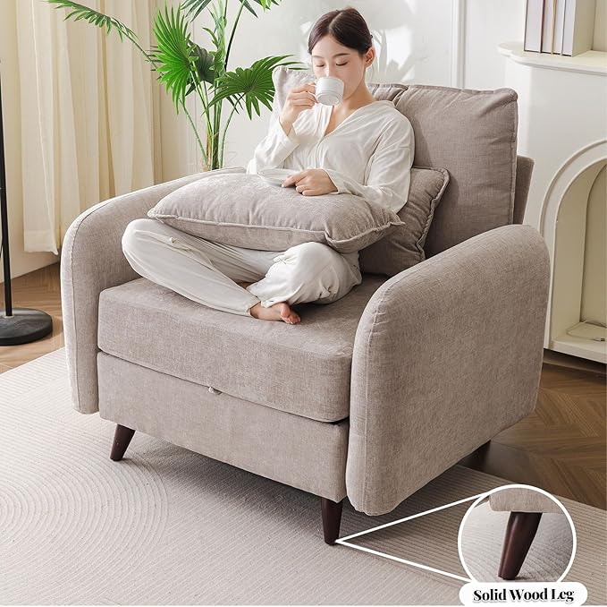 Oversized Accent Chair with All Seats Storage,Comfy Living Room Chairs with 2 Throw Pillow,Upholstered Mid-Century Armchair,24.5'' Deep Seat,Reading Chair for Bedroom,Office,Chenille,Khaki