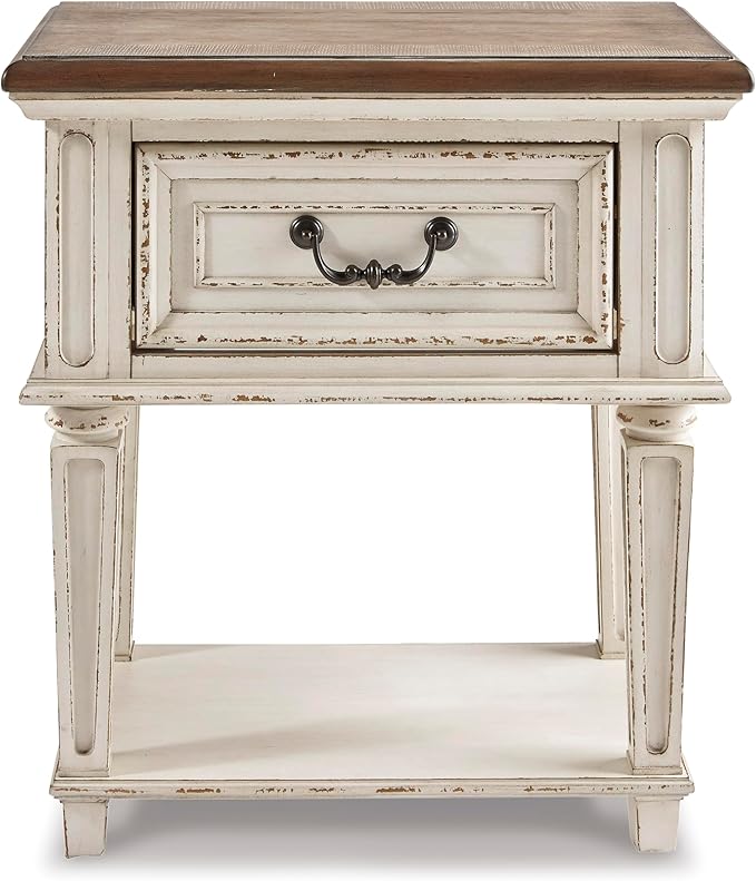 Signature Design by Ashley Realyn Traditional Cottage 1 Drawer Nightstand with Dovetail Construction & Open Display Shelf, Chipped White, 27" Tall, Distressed Brown