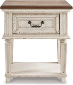 Signature Design by Ashley Realyn Traditional Cottage 1 Drawer Nightstand with Dovetail Construction & Open Display Shelf, Chipped White, 27" Tall, Distressed Brown