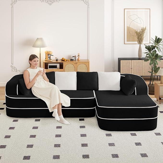 106" Cloud Sectional Sofa, Modern Boneless Couch for Living Room, Deep Seat Comfy Teddy Fabric L Shaped Sofa Chaise, No Assembly Required (Black, 106" L Shape with Right Facing Chaise)