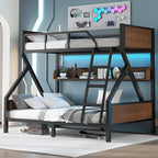 Bellemave Twin Over Full Bunk Bed with Storage Shelf and RGB LED Lights, Adults Bunk Bed with Angle Padded Ladder, Heavy Duty Bunk Beds with Noise-Reducing Rubber Stoppers, Black