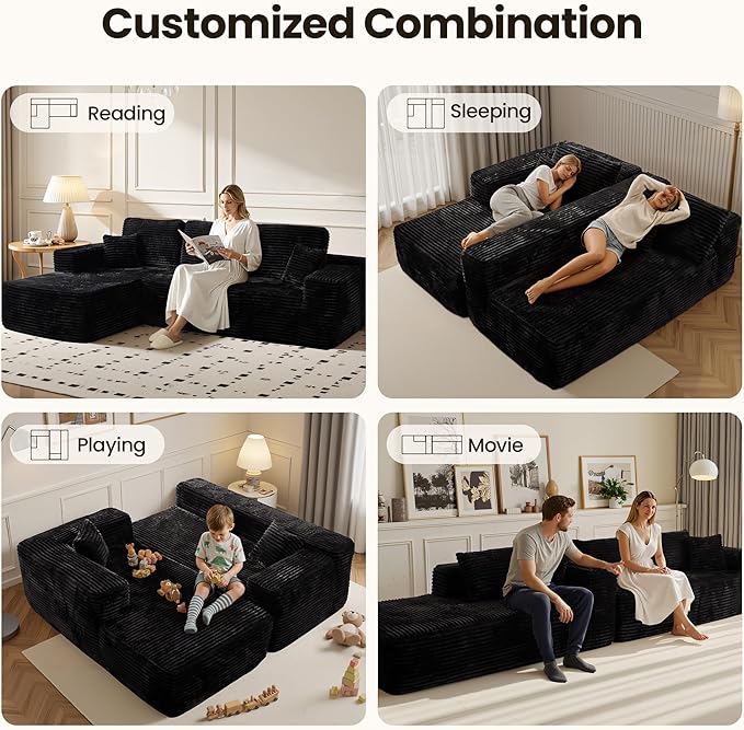 104" Cloud Sectional Couch with Chaise, Boneless L-Shaped Cloud Couch with Deep Seat, Soft Plush Modern Minimalist Sofa, Assembly Free Comfy Sofa for Office Living Room Apartment(Black, Left Chaise)