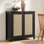 SICOTAS Rattan Sideboard Buffet Storage Cabinet - Boho Credenza Coffee Bar Cabinet with Large Storage, Buffet Console Table for Kitchen Living Room Entryway - Black