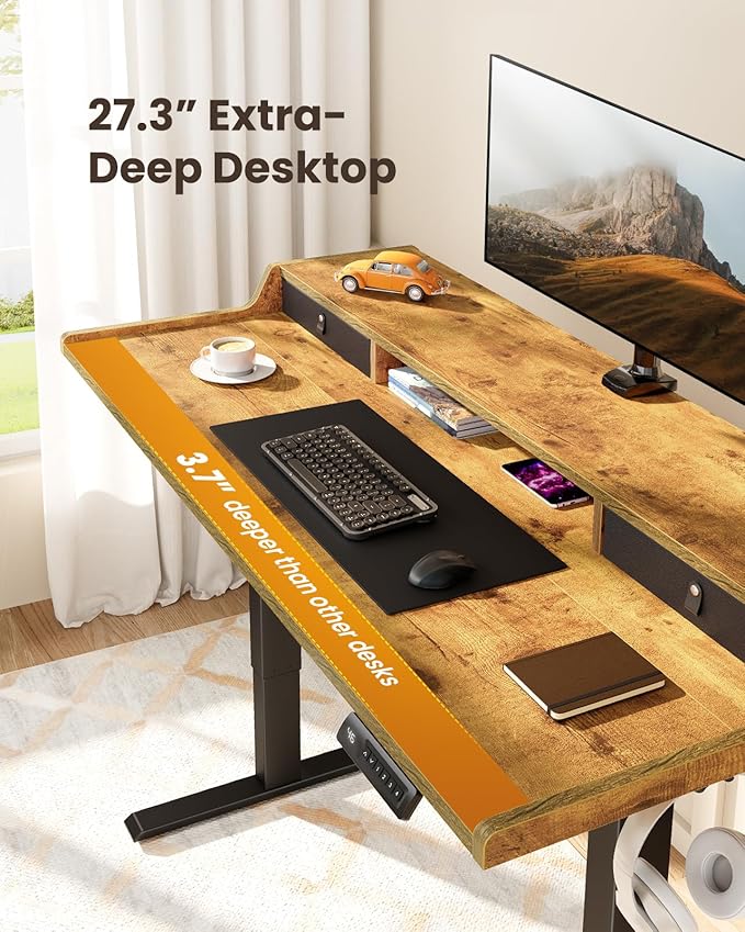 ErGear Electric Standing Desk with Drawers, 63″ x 28″ Gaming Table Compatible Monitor Stand, Stand up Desks, Home Office Height-Adjustable Desk with Storage Shelf, 4 Preset Heights, Vintage Brown