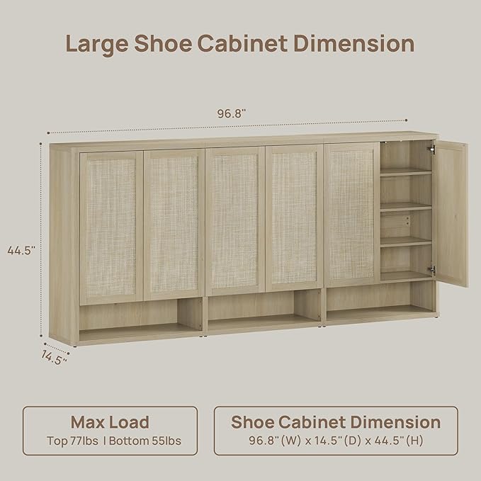 SICOTAS Rattan Shoe Storage Cabinet - Modular Shoe Cabinets with Door Tall Large Shoe Cabinet Storage for Entryway - 96.8" Wide Modular Cabinet for Hallway, Living Room