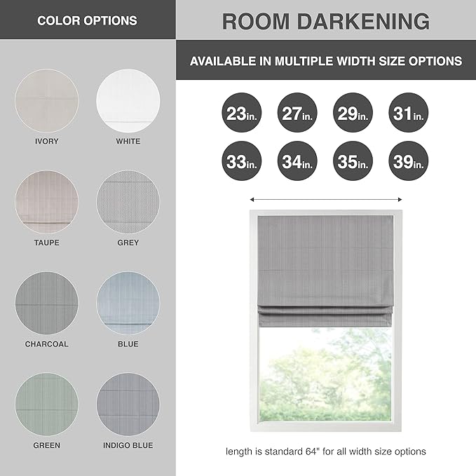 Madison Park Galen Cordless Roman Shade, 29"W x 64"H, Sheen Grey – Room Darkening, Thermal Insulated, Energy Efficient Window Blind with Subtle Sheen Basketweave Fabric for Privacy