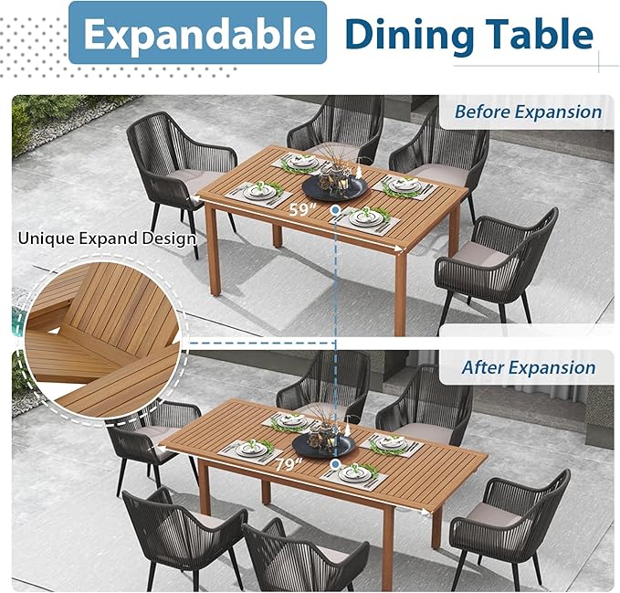 JOIVI Outdoor Dining Set for 6, 7 Pieces Patio Dining Table and Chairs Set, Rattan Rope Patio Outdoor Furniture Set with Wood Extendable Dining Table for Deck, Backyard, Indoor Dining Room, Black