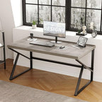 HSH Gray Computer Desk, Industrial Wood and Metal Home Office Desk, Farmhouse Rustic PC Laptop Desk for Executive Work Writing Study Gaming, Modern Simple Bedroom Computer Table, Light Grey Oak, 55 In