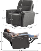 VANOMi Power Recliner Chair Swivel Glider, Electric Rocking Recliner Chairs with USB and Type-C Ports, Nursery Chair Recliner for Office, Living Room, Bedroom（Dark Gray）