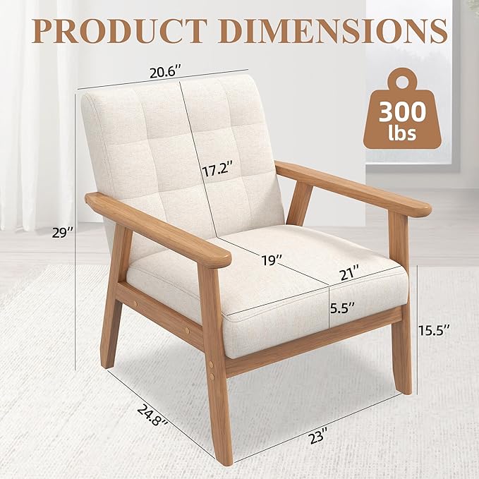 Westice Accent Chair Set of 2, Mid-Century Modern Living Room Chairs with Solid Wood Frame & Soft Thicken Cushion, Upholstered Arm Reading Chair for Bedroom, Balcony, Beige Linen Fabric & Natural Legs
